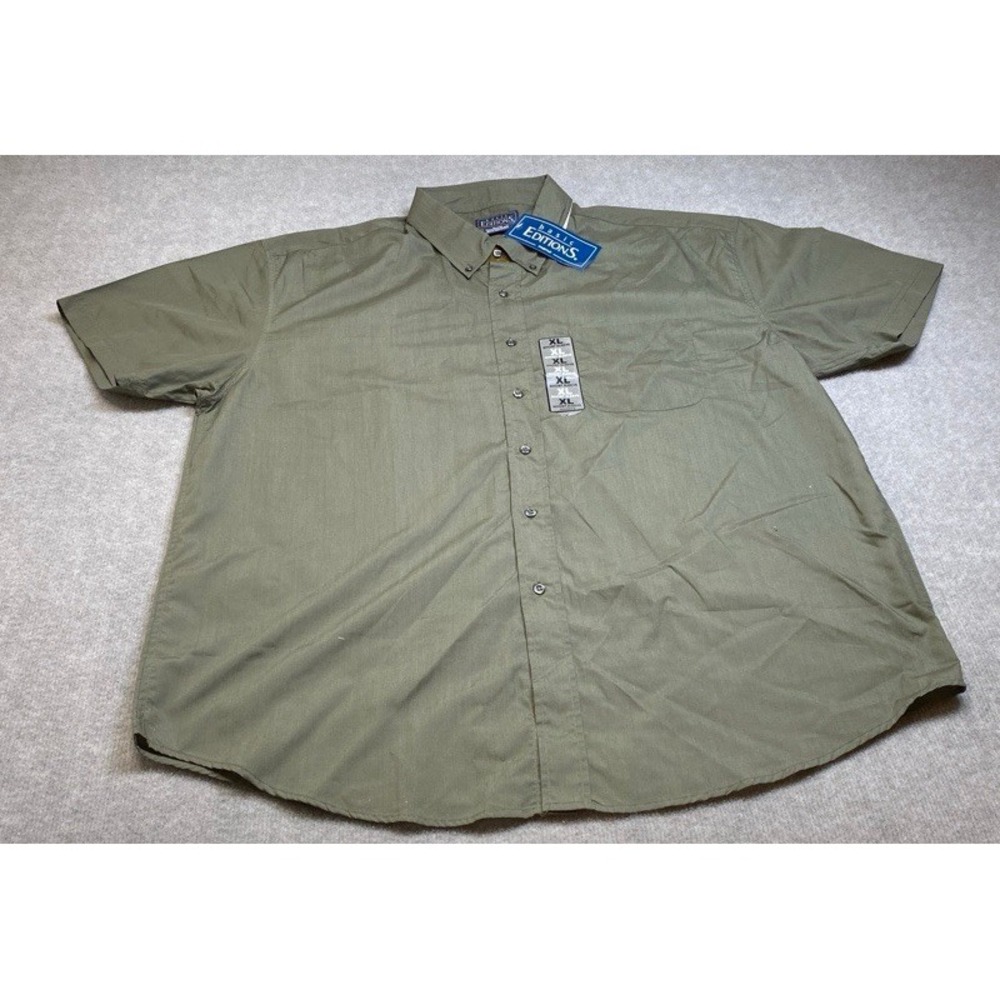 Basic Editions Button Front Shirt Mens XL Olive Green Short Sleeve Casual Pocket